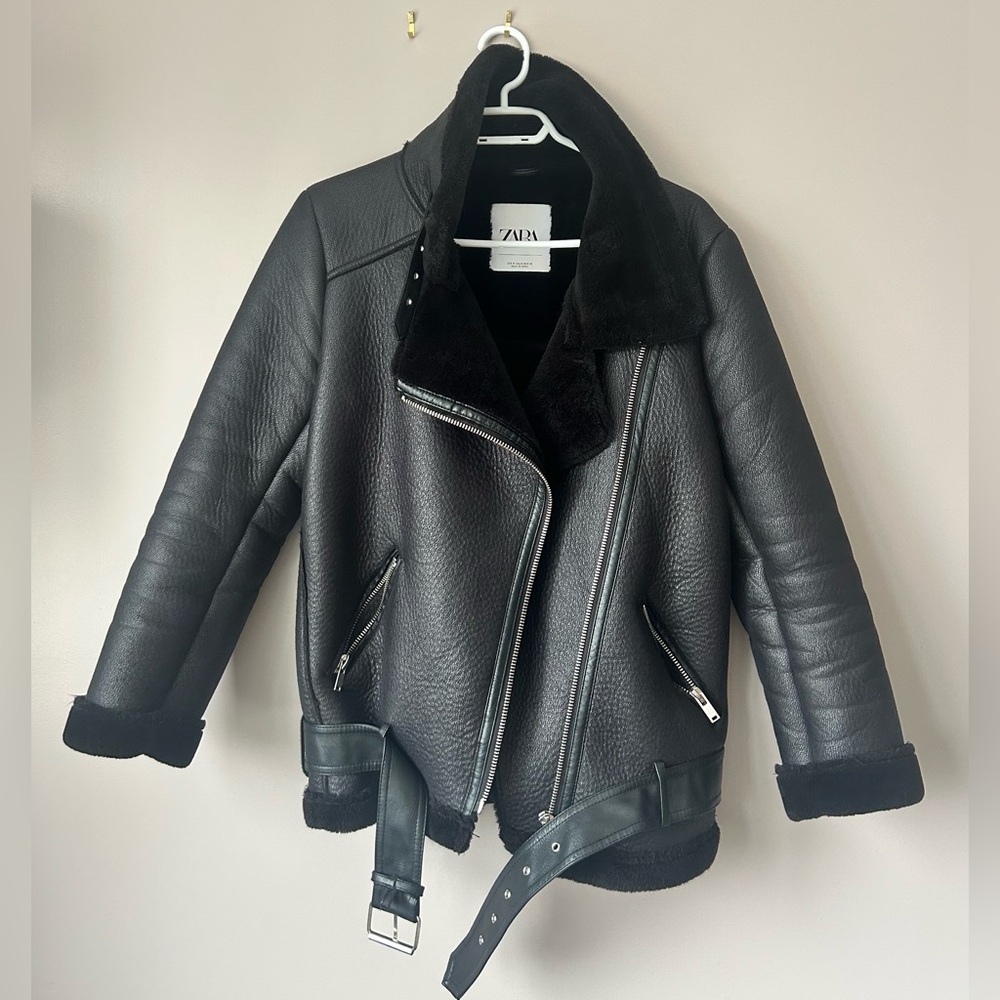 Zara Faux Shearling/Fur Oversized Biker Jacket - Black - Medium